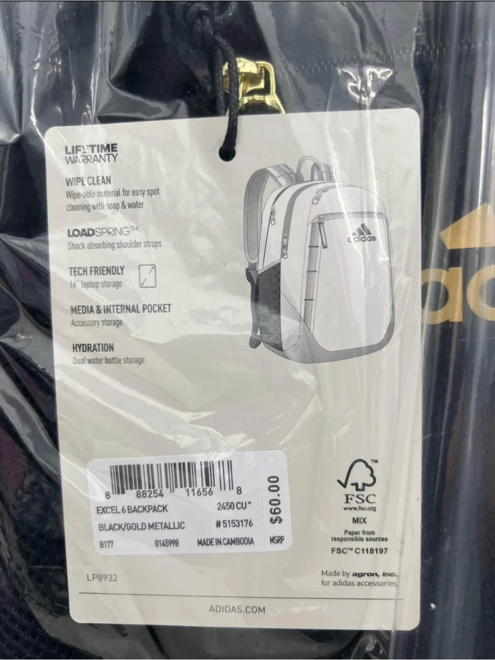 Adidas Black & Gold Metallic Prime Backpack